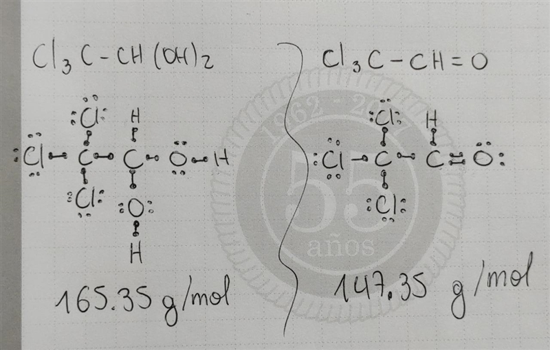 Chloral, Cl3C―CH═O, reacts with water to form the sedative and hypnotic agent chloral-example-1