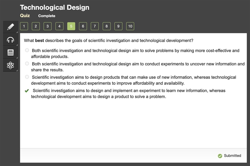 What best describes the goals of scientific investigation and technological development-example-2