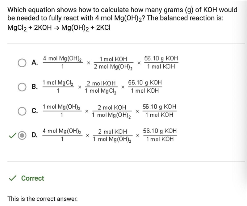 Queston Which equation shows how to calculate how many grams (g) of KOH would be needed-example-1