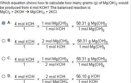 Queston Which equation shows how to calculate how many grams (g) of KOH would be needed-example-1