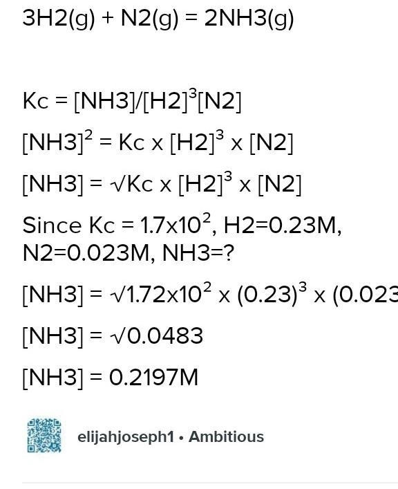 What is the Kc for the following reaction at equilibrium at 500∘C if [N2]= 0.41 M-example-1