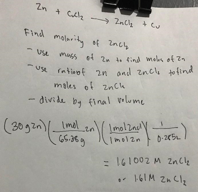 What is the molarity of ZnCl, that forms when 20.0 g of zinc completely reacts with-example-1