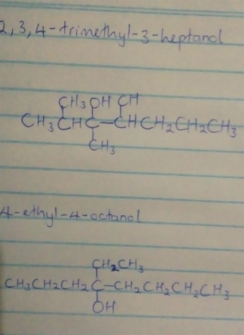 Draw the structural formula for both of these alcohols: 2,3, 4-trimethyl, 3-heptanol-example-1