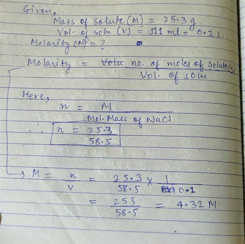 What is the molarity of a solution that contains 25.3 g of NaCl in 111 mL of solution-example-1