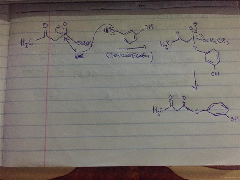 Draw the mechanism for the first step in the reaction of resorcinol with ethyl acetoacetate-example-1