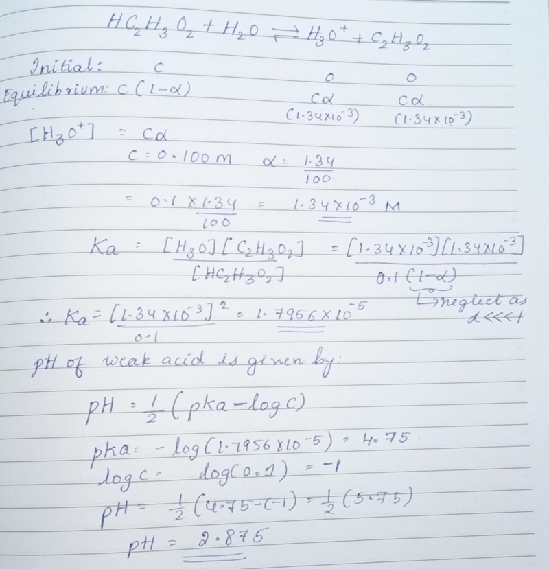 Calculate the H3O+ concentration and then pH in a 0.100 M HC2H3O2 solution that is-example-1