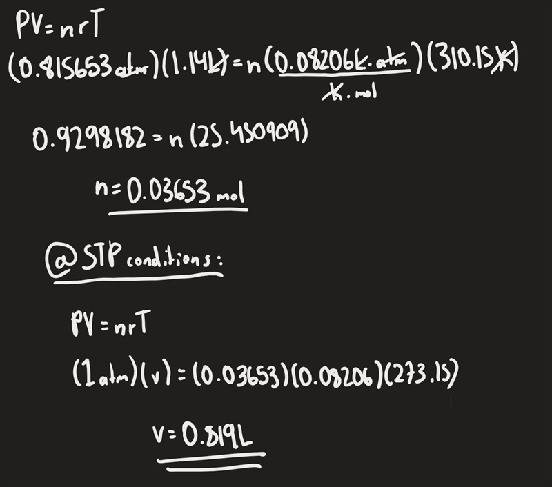 A gas has a volume of 1140 ml at 37 ºC and 620 mm Hg pressure. Calculate its volume-example-1