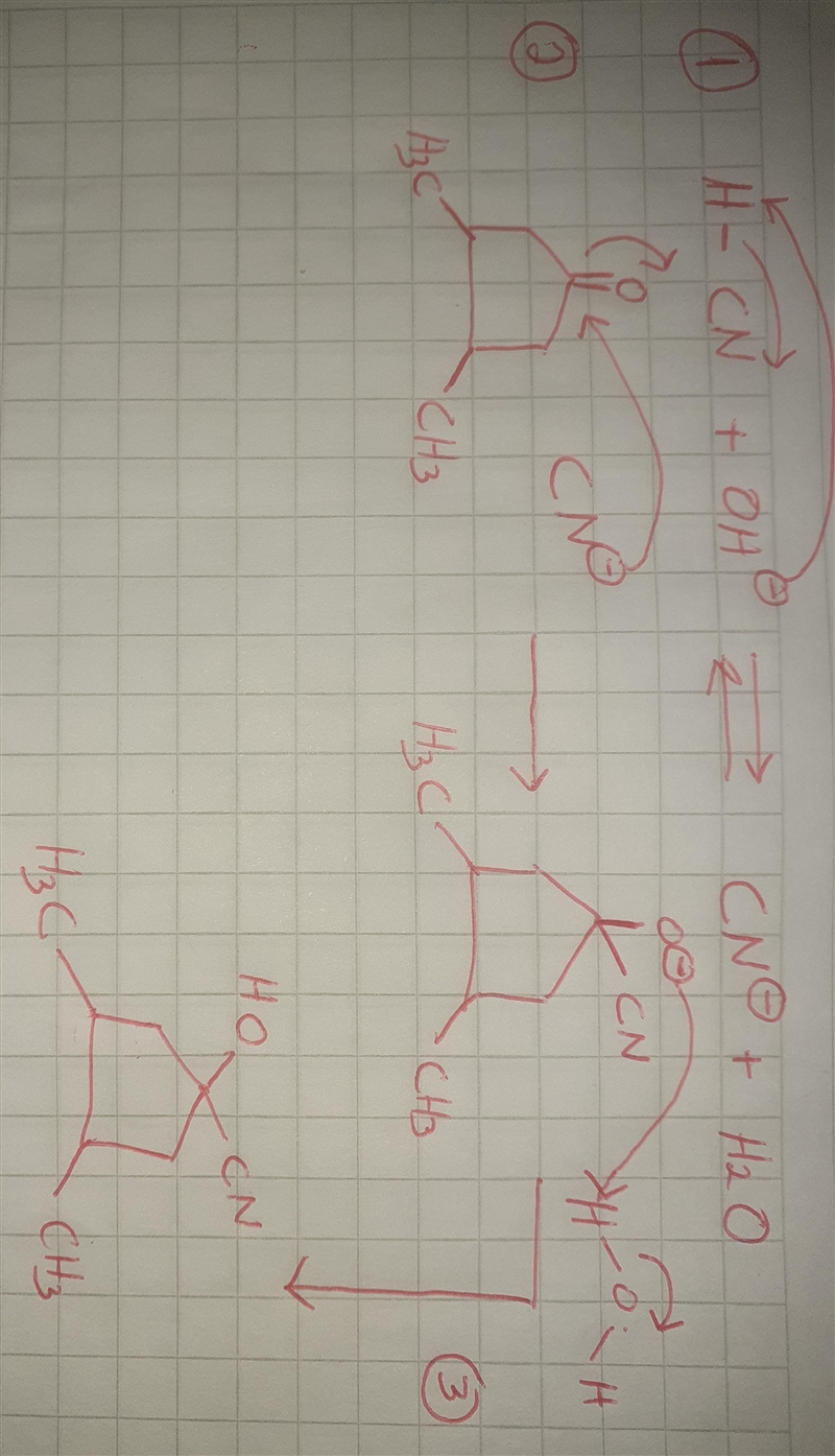 Draw the curved arrow mechanism for the addition of HCN in water with NaOH to 3,4-dimethylcyclopentan-example-1