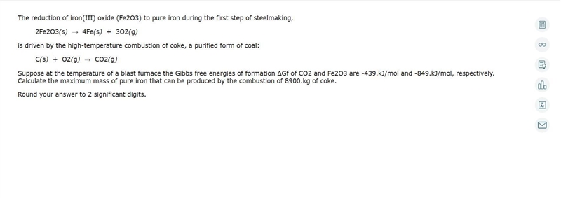 The reduction of iron(III) oxide () to pure iron during the first step of steelmaking-example-1