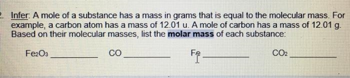 A mole of a substance has a mass in grams that is equal to the molecular mass. For-example-1