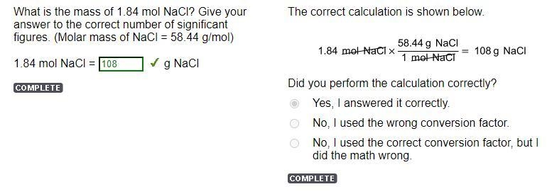 What is the mass of 1.84 mol NaCl? Give your answer to the correct number of significant-example-1