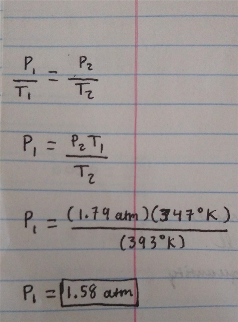 A gas at 74°C is heated to 120°C so there is pressure reaches 1.79 ATM. What is its-example-1