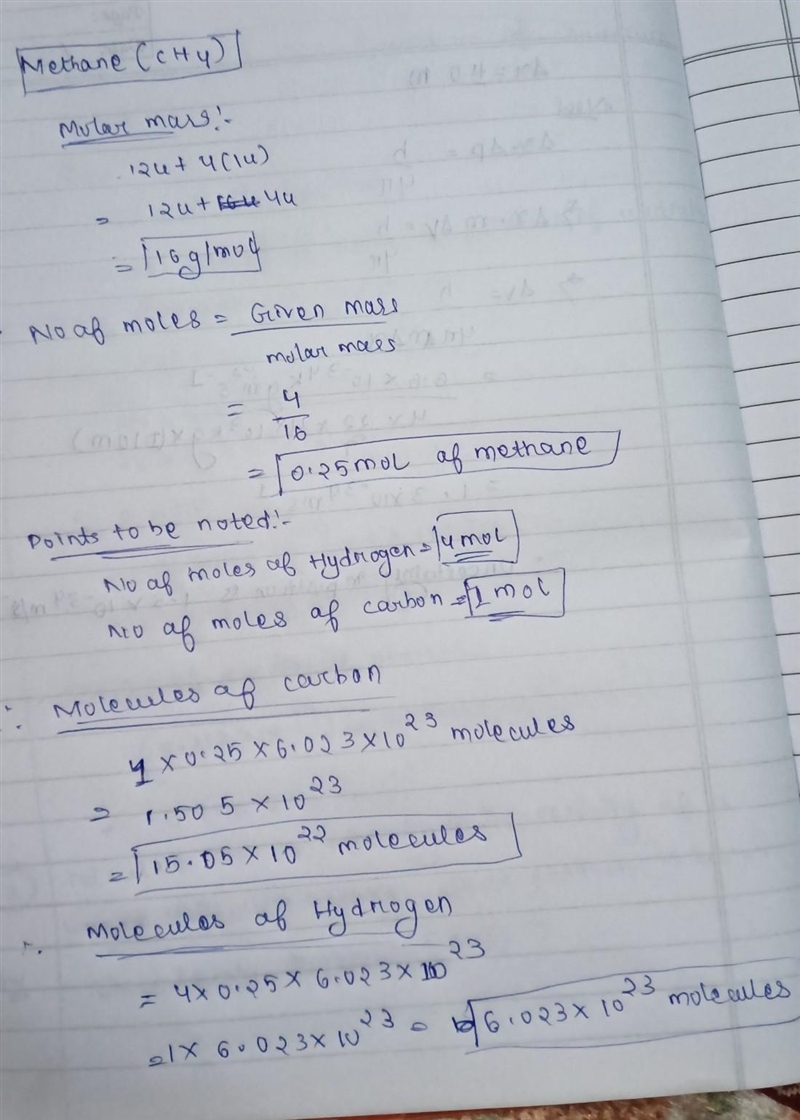 Calculate the number of molecules of hydrogen and carbon present in 4g of methane-example-1