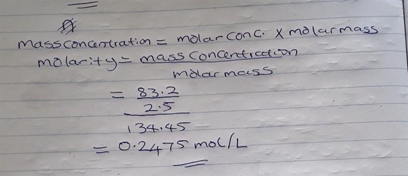 A solution is formed by dissolving 83.2 grams of copper II chloride (CuCl2) in 2.5 liters-example-1