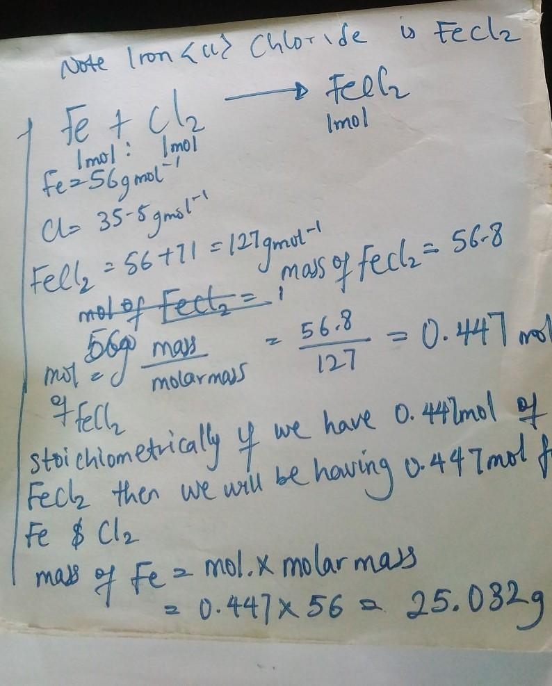 When iron, Fe, react with chlorine, Cl, the product is iron(II) chloride, FeCl. If-example-1