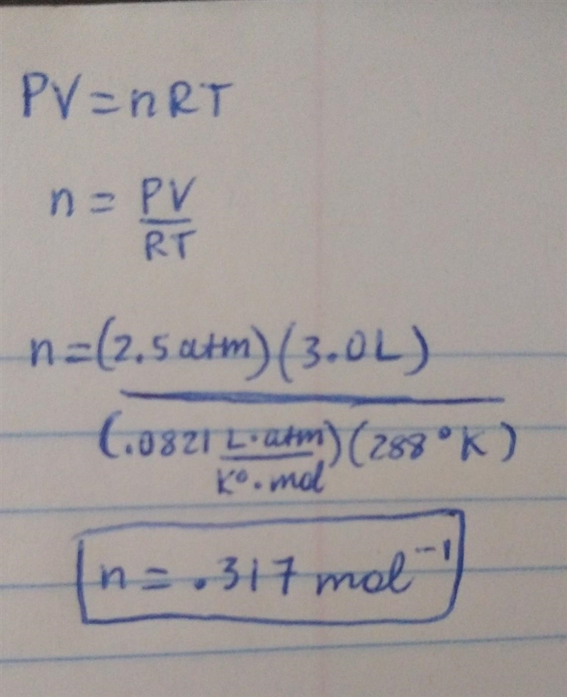 A 3.0-liter sample of an ideal gas is at a pressure of 2.5 atm at 15oC. (i) How many-example-1