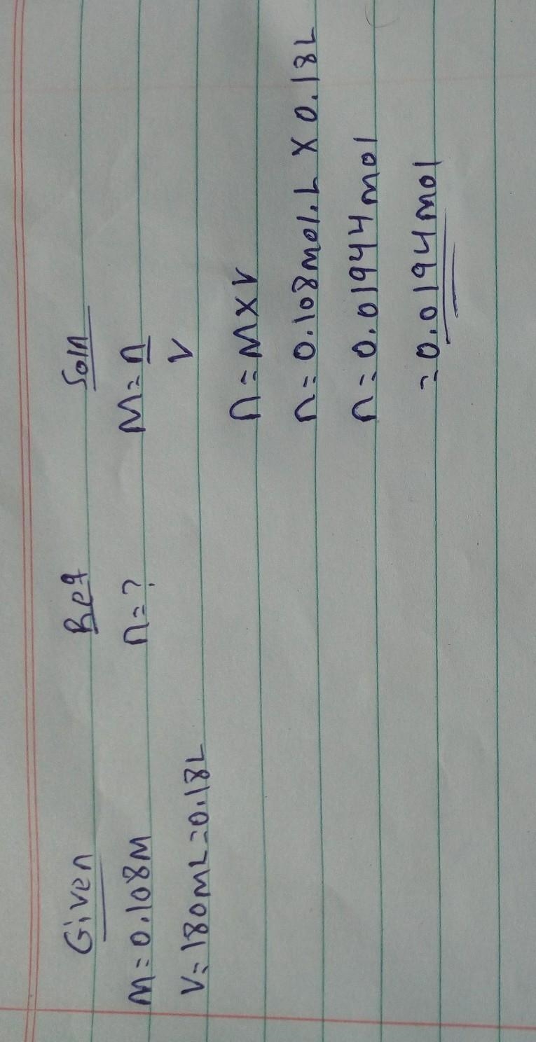 How many moles of KBr are present in 180. mL of a 0.108 M solution? Express the amount-example-1