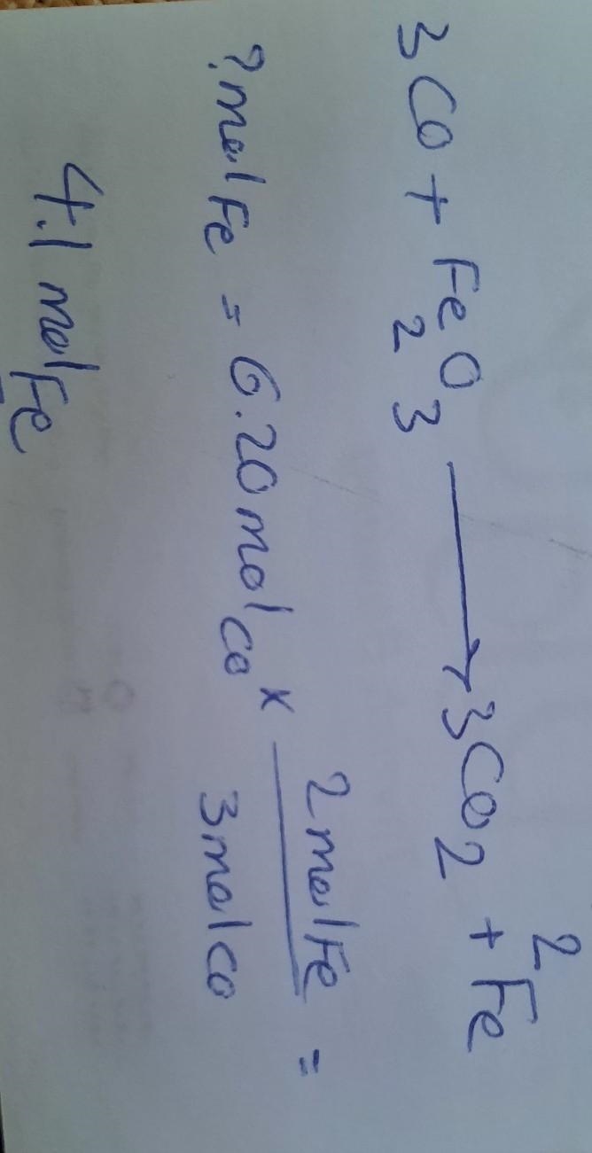 How many moles of iron will be produced from 6.20 moles of carbon monoxide reacting-example-1