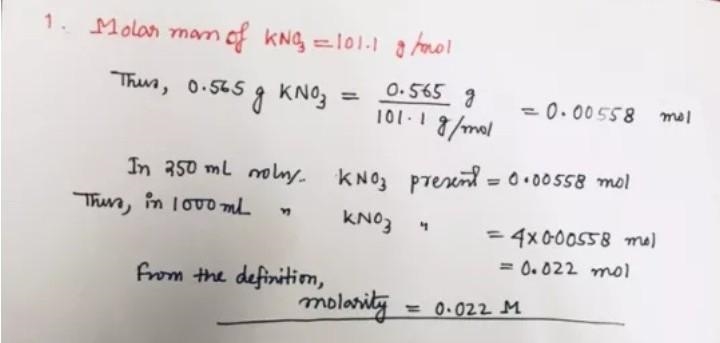 A solution is made by dissolving 0.565 g of potassium nitrate in enough water to make-example-1