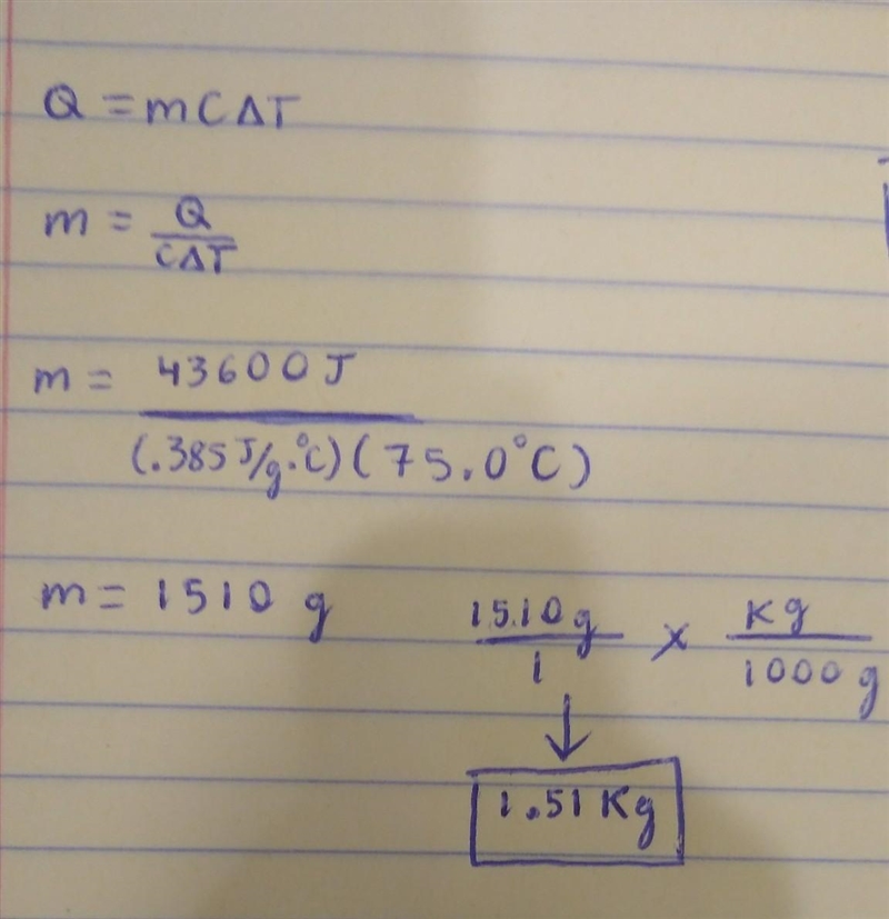 A sample of Copper absorbs 43.6 KJ of heat, resulting in a temperature rise of 75.0 oC-example-1