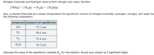 Nitrogen monoxide and hydrogen react to form nitrogen and water, like this: 2NO(g-example-1