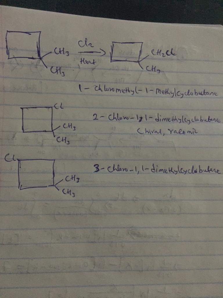 Draw bond-line formulas of all monochloro derivatives that might be formed when 1,1-dimethylcyclobutane-example-1