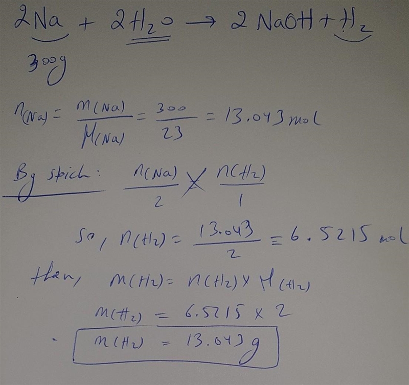 Given 2Na + 2H2O → 2NaOH + H2, how many grams of oxygen are produced if 300.00 grams-example-1