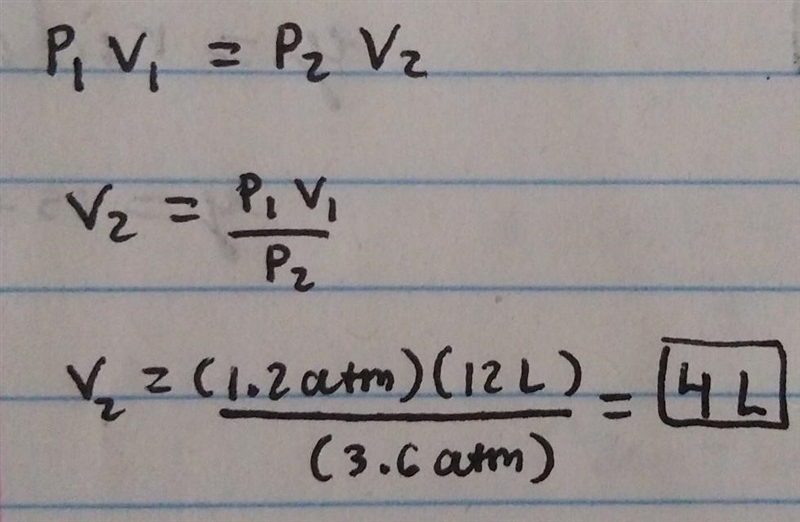 A sample of gas occupies 12 L under a pressure of 1.2 atm. What would its volume be-example-1