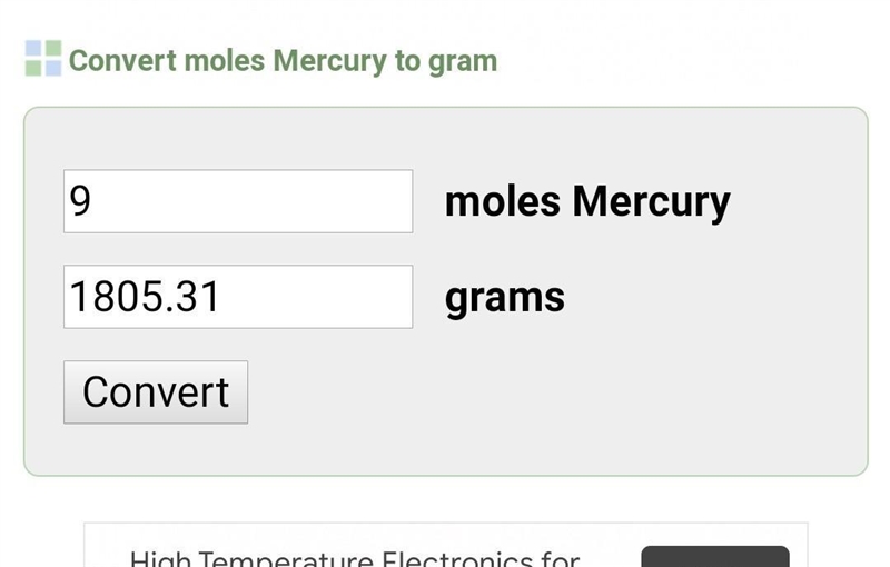 2. How many grams of Mercury are in 9 moles of Mercury?-example-1