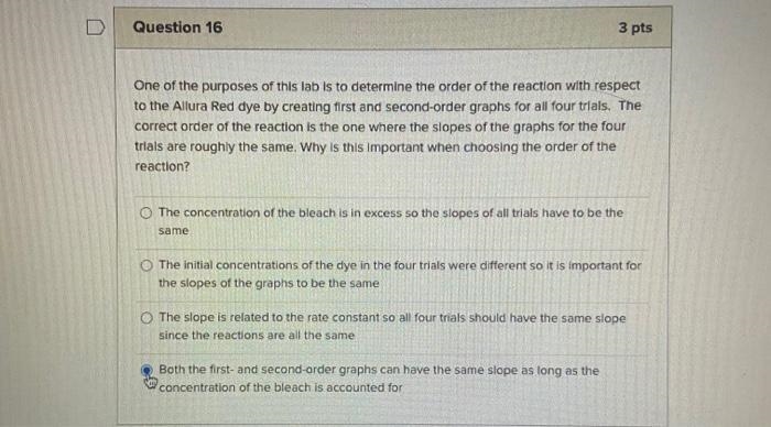 One of the purposes of this lab is to determine the order of the reaction with respect-example-1