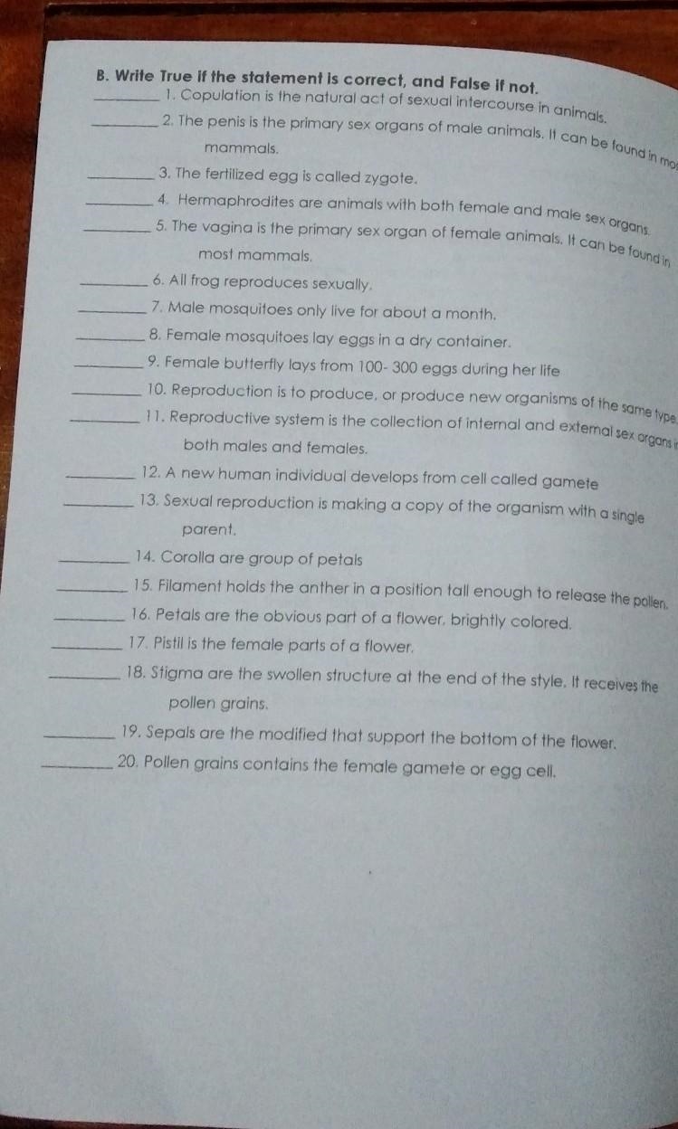 B. Write True If the statement is correct, and False If not, 1. Copulation is the-example-1