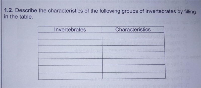 1.2. Describe the characteristics of the following groups of Invertebrates by filling-example-1