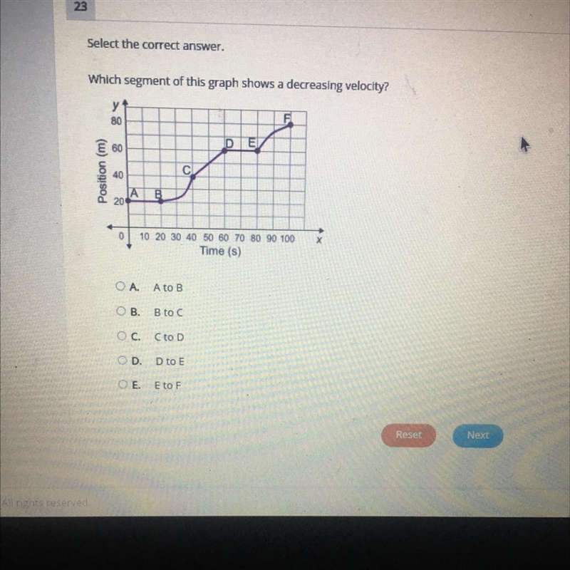 Select the correct answer. Which segment of this graph shows a decreasing velocity-example-1