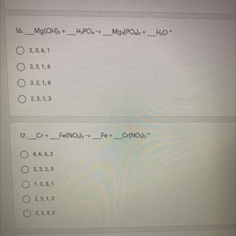 16. Mg(OH)2 + H.PO.-> ||||Mg(PO2 + H2O 2,3,6,1 3, 3, 1,6 3, 2, 1,6 2,3,1,3 17. Cr-example-1