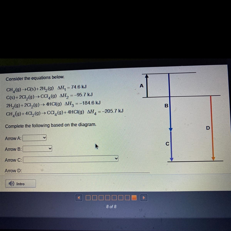 Consider the equations below. A CH (9) C(s)+2H (9) AH, = 74.6 kJ C(s) +2012(9) ► CCI-example-1