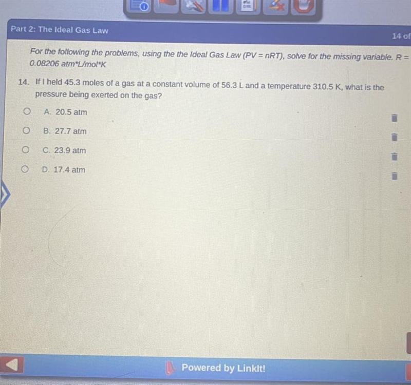 50POINTS! If I held a 45.3 moles of a gas at a constant volume of 56.4L and a temperature-example-1