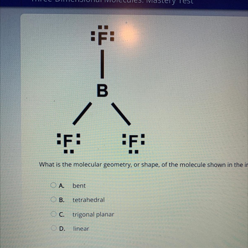 What is the molecular geometry, or shape, of the molecule shown in the image? A. bent-example-1