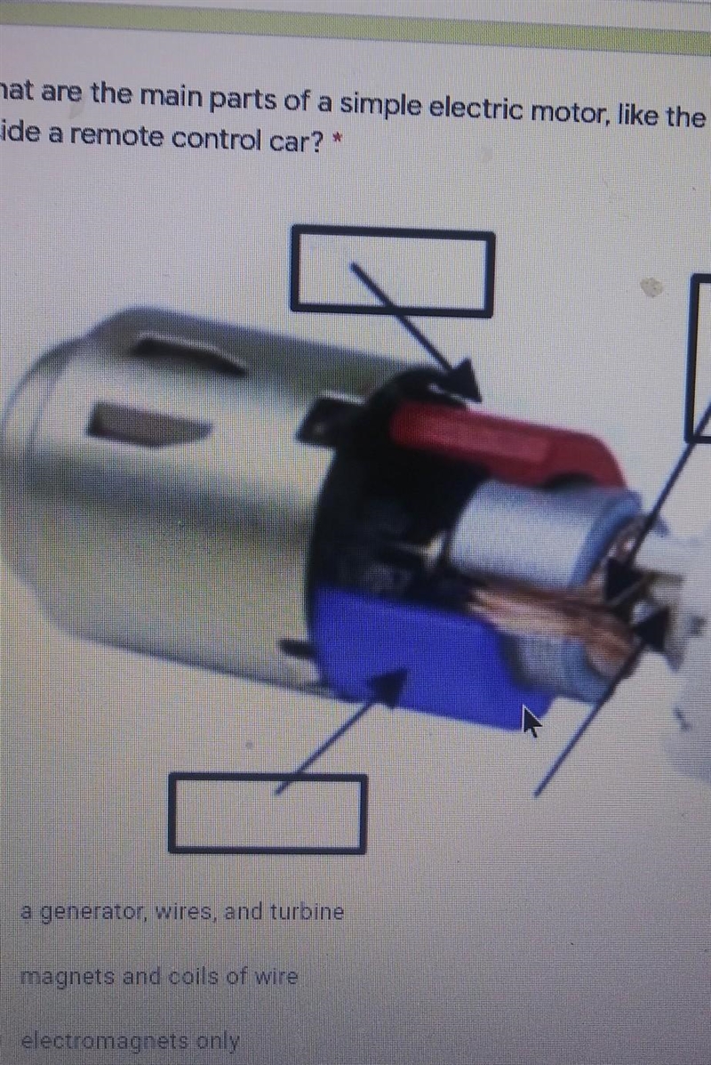 What are the main parts of a simple electrie motor, like the one found inside a remote-example-1