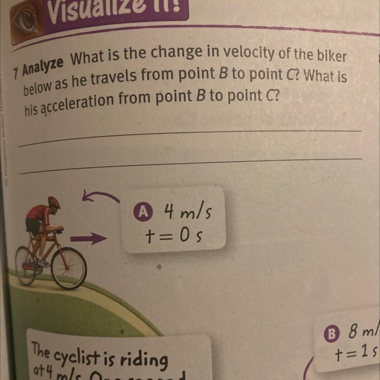 what is the change in the velocity of the biker below as he travels from point b to-example-1