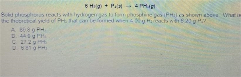 6 H2(g) + P4(5) → 4 PH:(9) 17 Solid phosphorus reacts with hydrogen gas to form phosphine-example-1