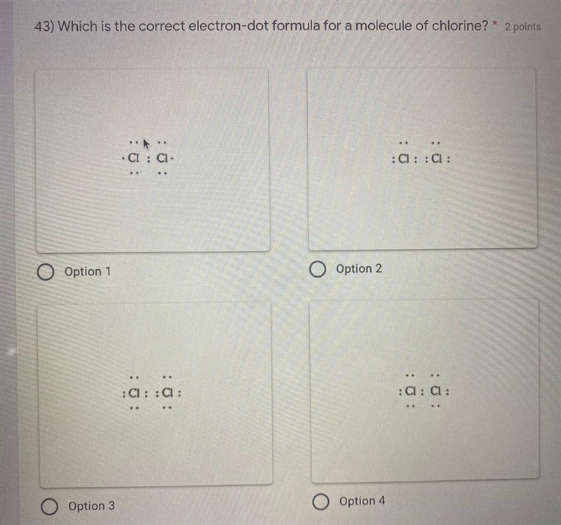 Which is the correct electron-dot formula for the molecule chlorine?-example-1