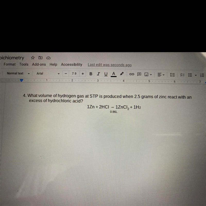 4.What volume of hydrogen gas at STP is produced when 2.5 grams of zinc react with-example-1