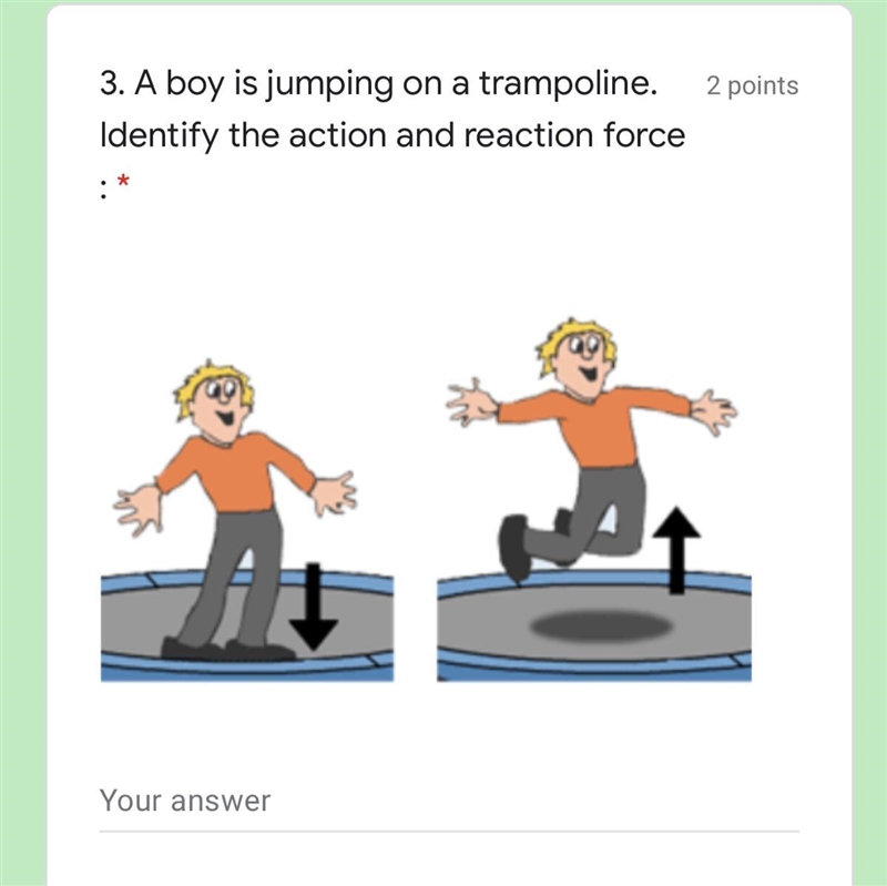 Answer please a boy is jumping on a trampoline identify the action and reaction force-example-1