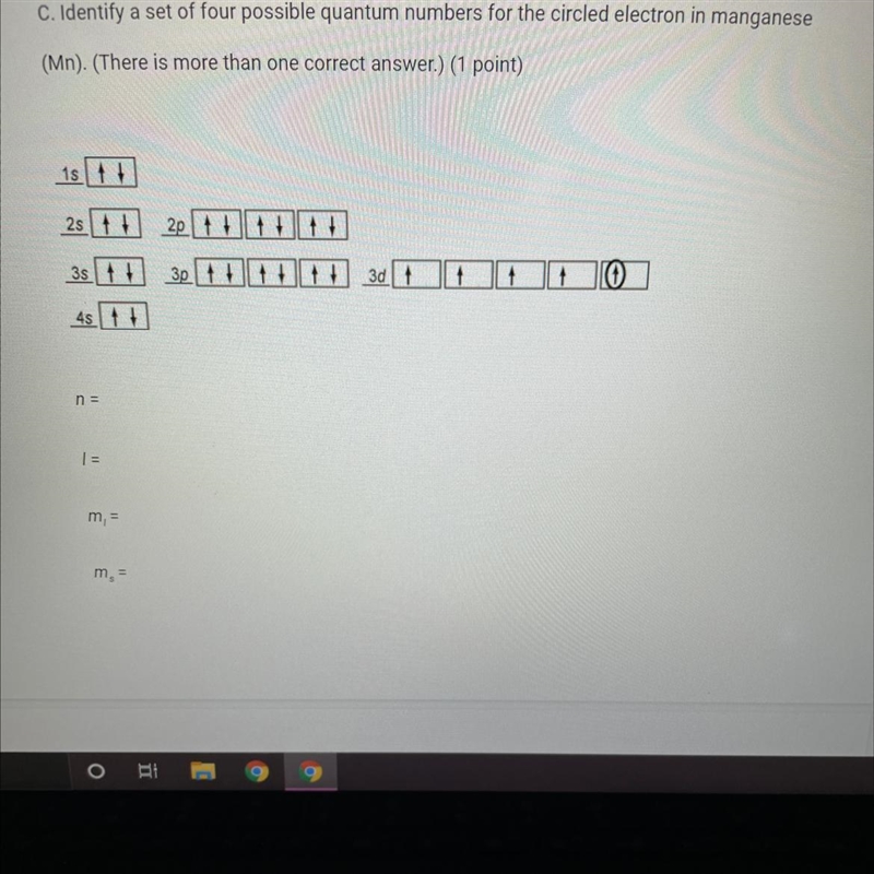 C. Identify a set of four possible quantum numbers for the circled electron in manganese-example-1