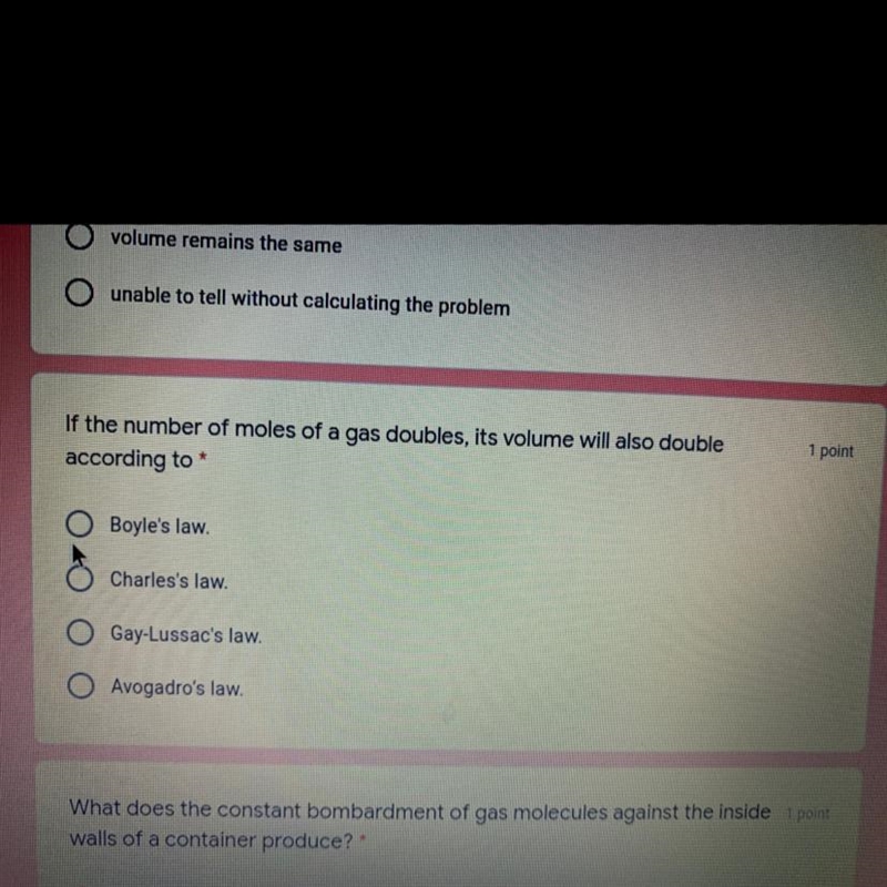 If the number of moles of a gas doubles, its volume will also double according to-example-1