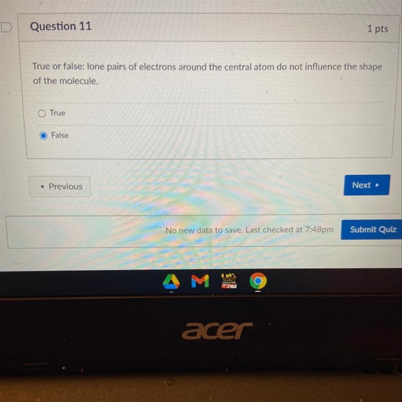 PLEASE HELP! DUE IN 5 MINS!! CHEMISTRY True or false: lone pairs of electrons around-example-1