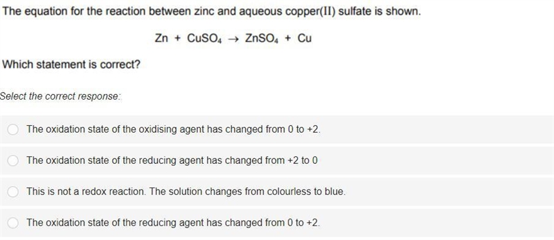 1. The equation for the reaction between zinc and aqueous copper(II) sulfate is shown-example-1