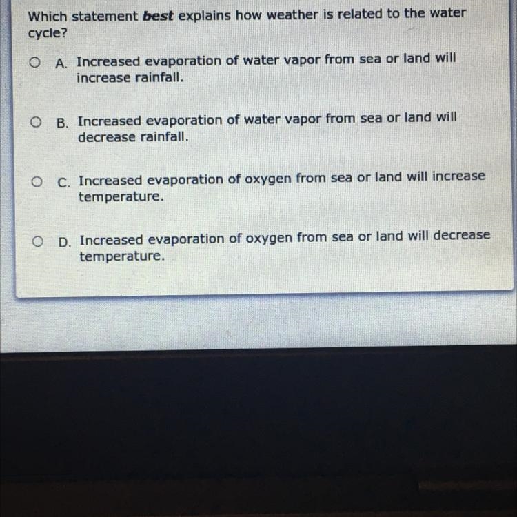 Which statement best explains how weather is related to the water cycle?-example-1