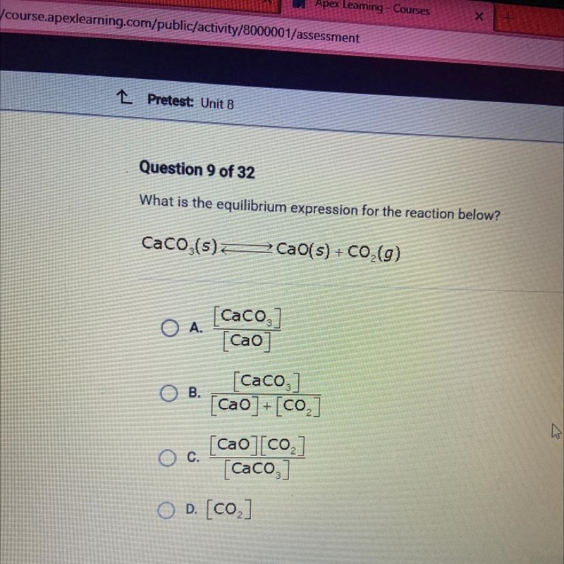 What is the equilibrium expression for the reaction below? Caco (s) Cao(s) + CO (g-example-1