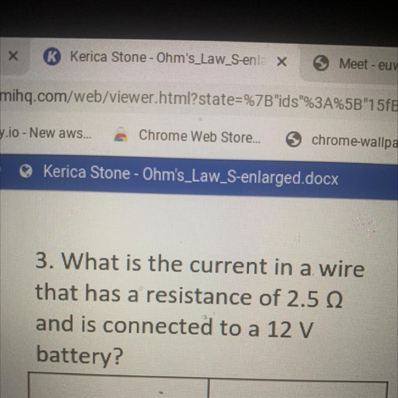 3. What is the current in a wire that has a resistance of 2.5 Q and is connected to-example-1